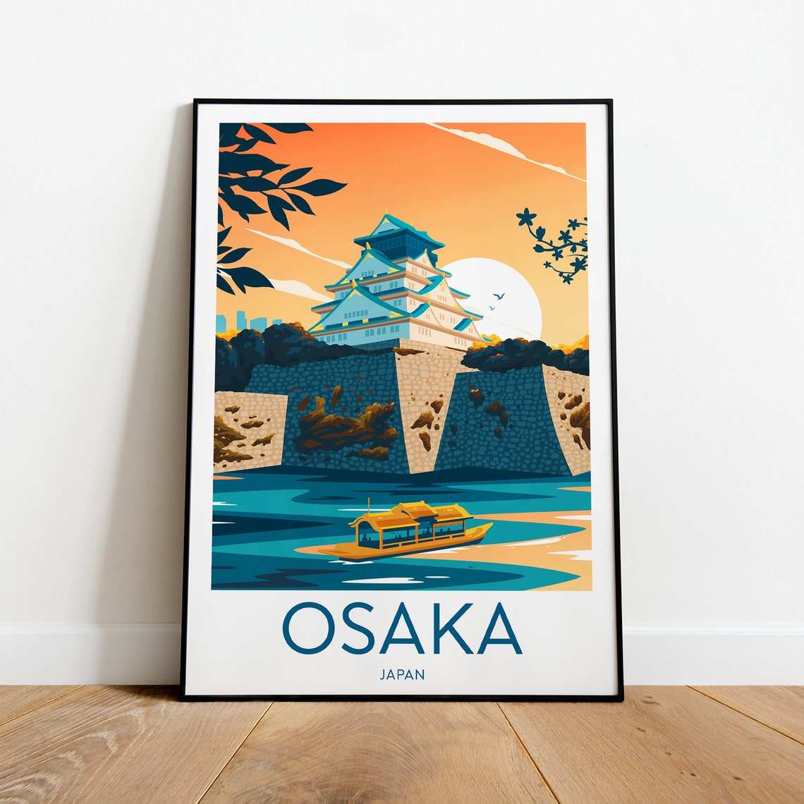 Osaka Japan Castle Moat Sunset Golden Hour Serene Travel Poster