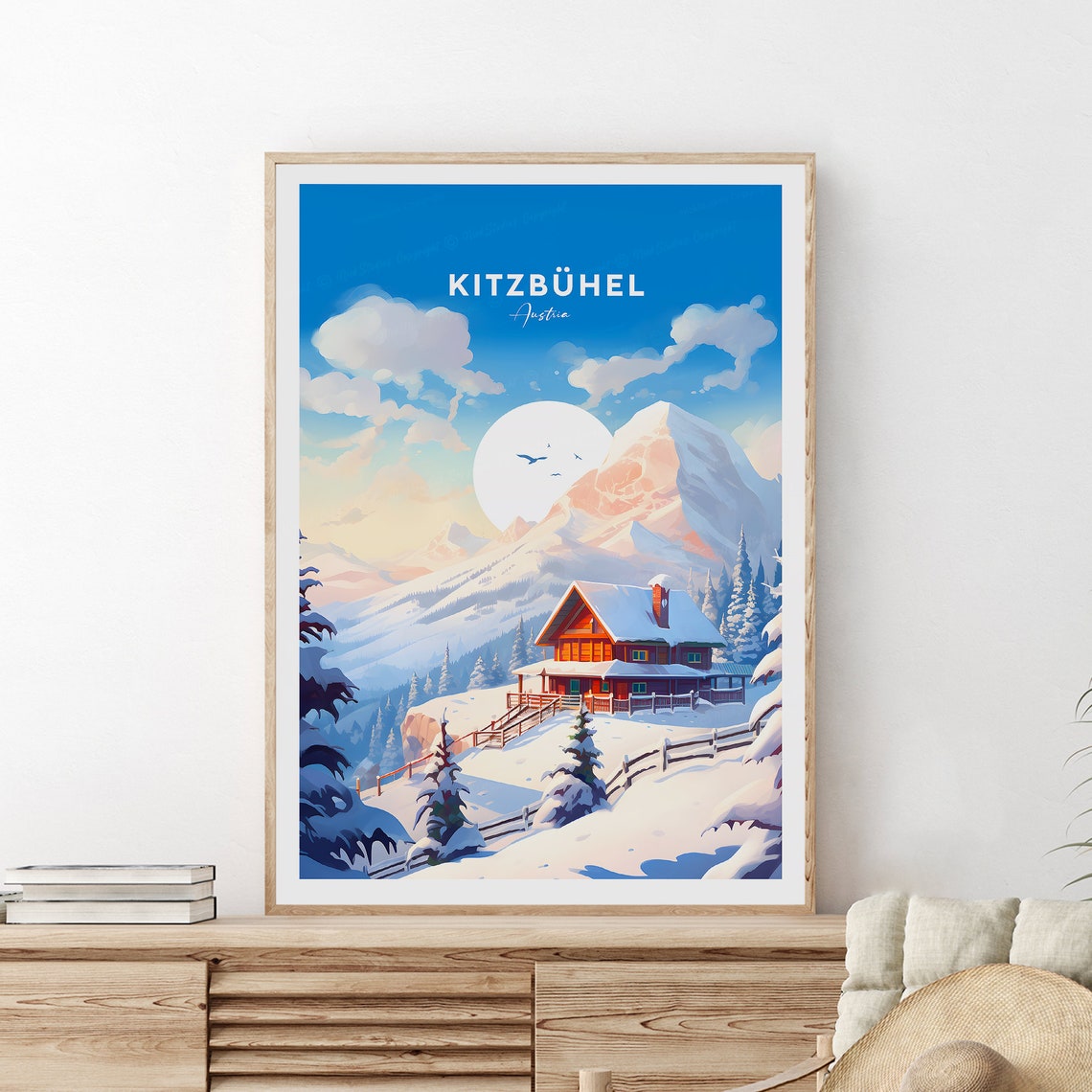 Kitzbuehel Austria Alpine Chalet Snowy Peak Moon Travel Poster
