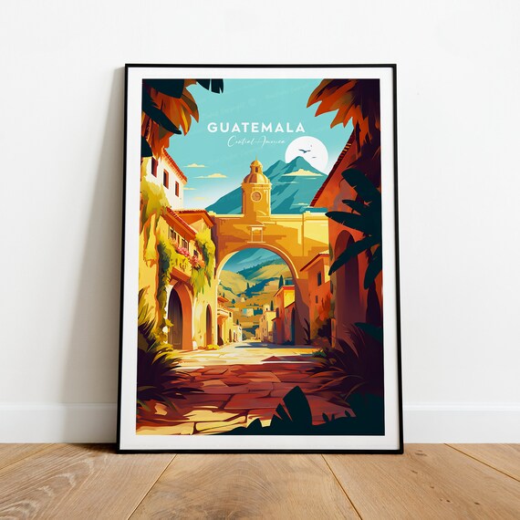 Guatemala Central America Antigua Arch Volcano Street Travel Poster