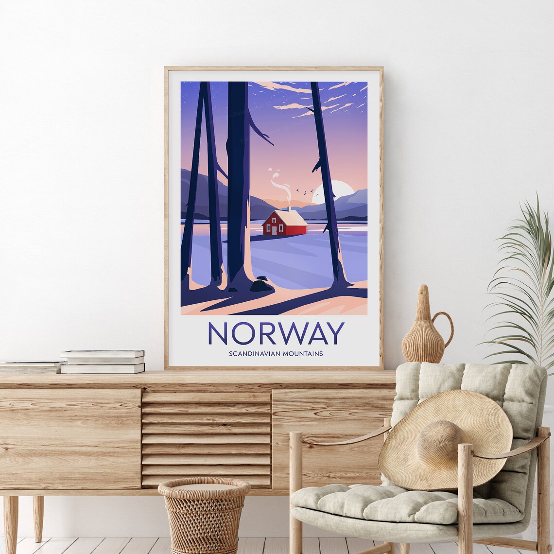 Norway Scandinavian Mountains Snowy Cabin Dusk Travel Poster