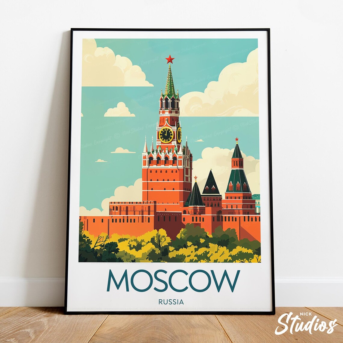 Moscow Russia Kremlin Clock Tower Red Star Landmark Travel Poster
