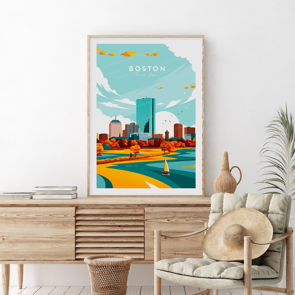 Boston Autumn Skyline River Sailboat Classic Vintage Travel Poster