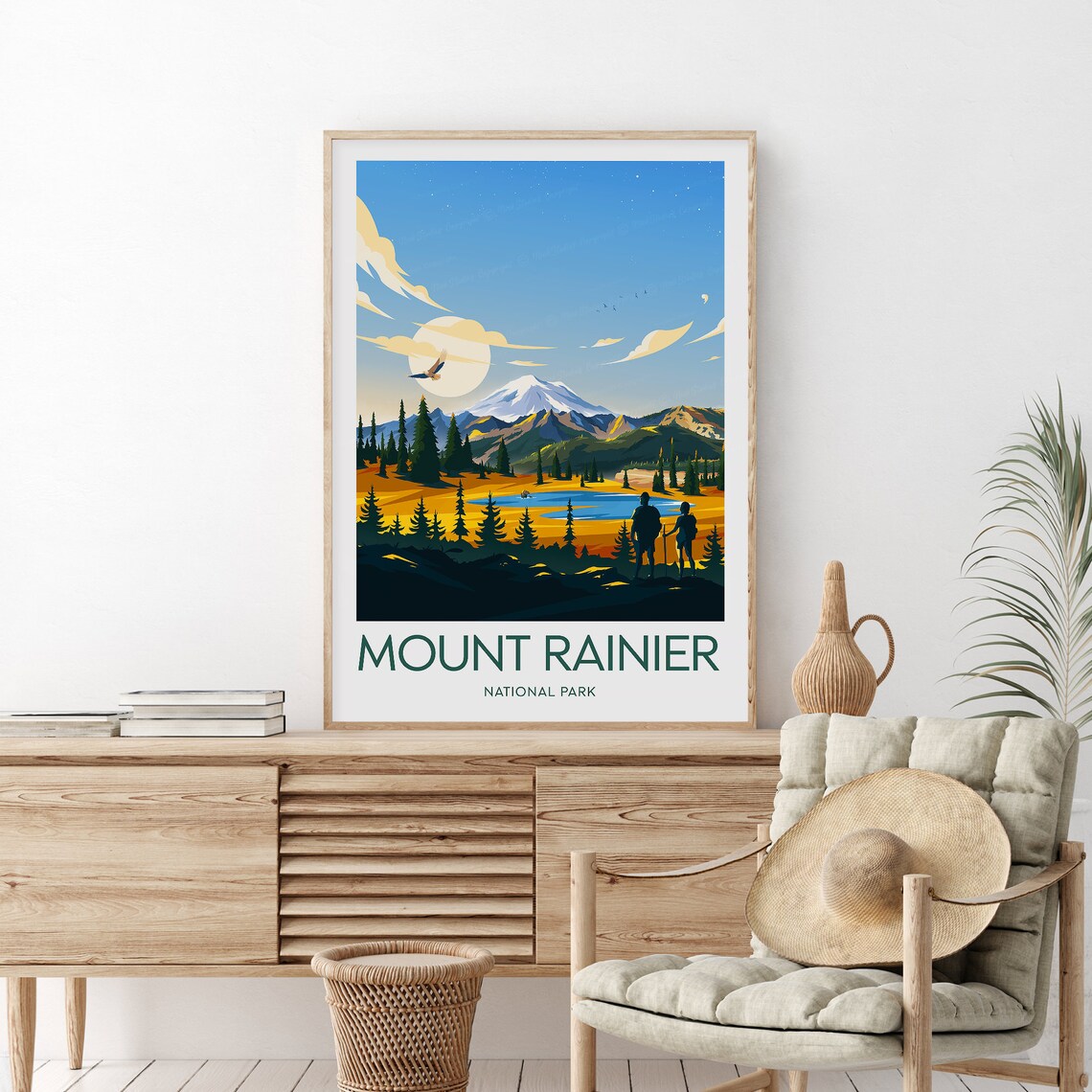 Mount Rainier National Park Peak Hikers Lake Scenic Travel Poster