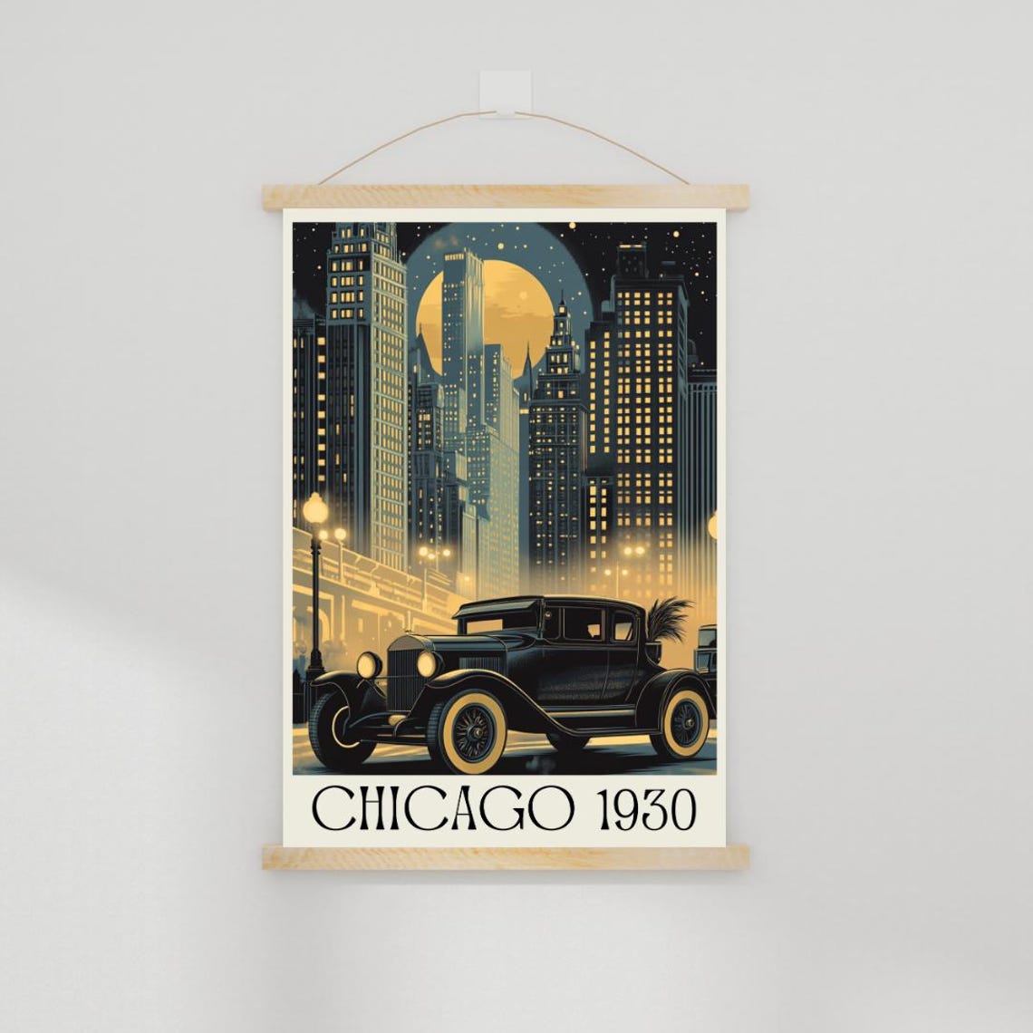 Chicago 1930 Retro Poster with Vintage Car and Night Skyline - Image 4
