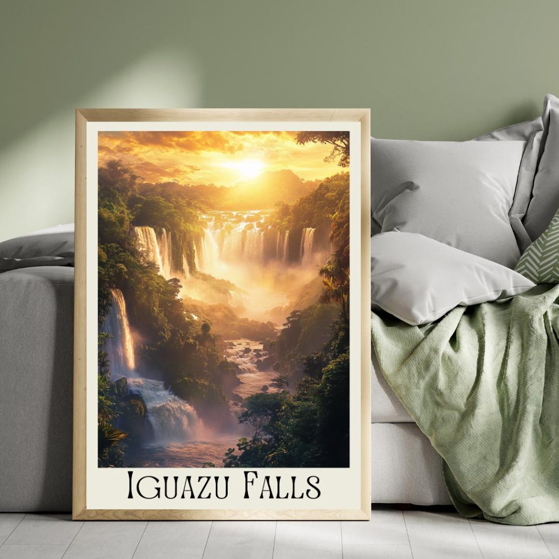 Iguazu Falls Poster with Golden Sunset over the Jungle Waterfall