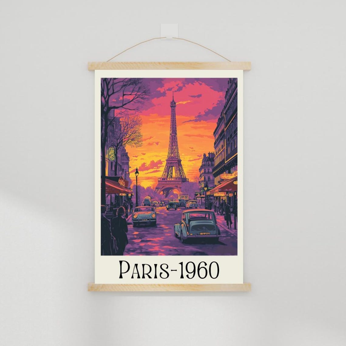 Paris 1960 Retro Poster with Eiffel Tower at Sunset and Vintage Cars - Image 2