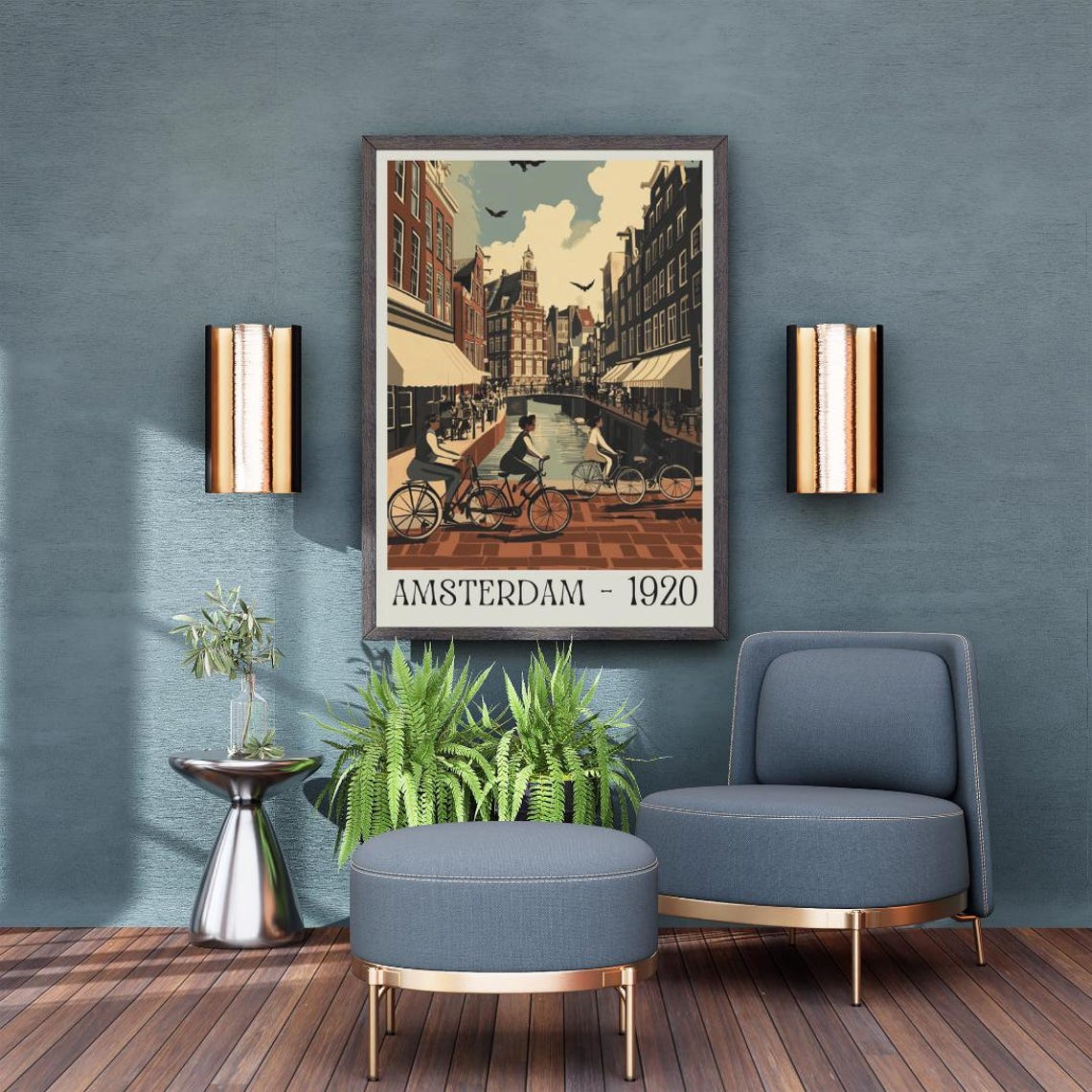 Amsterdam 1920 Poster with Canal Cyclists and Brick Buildings - Image 5