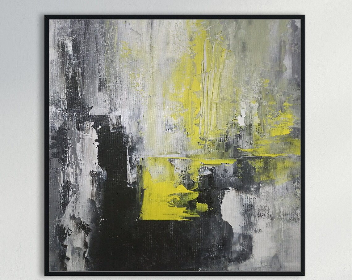 Black White Yellow Streaks Urban Abstract Painting Modern Wall Poster - Image 4