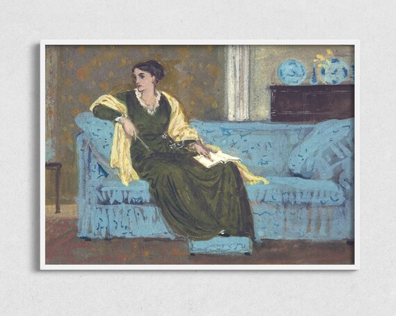 Woman Reading On Blue Sofa Pastel Vintage Interior Oil Painting Poster