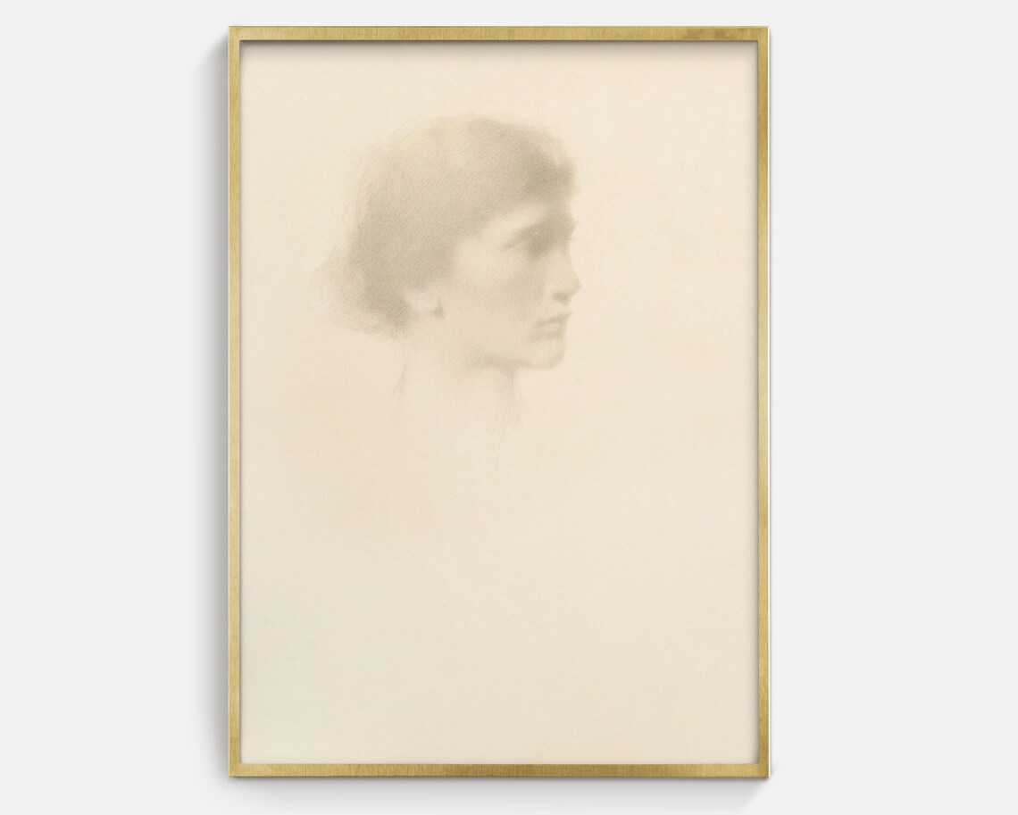 Minimalist Woman Profile Faint Neutral Sketch Vintage Art Print Poster