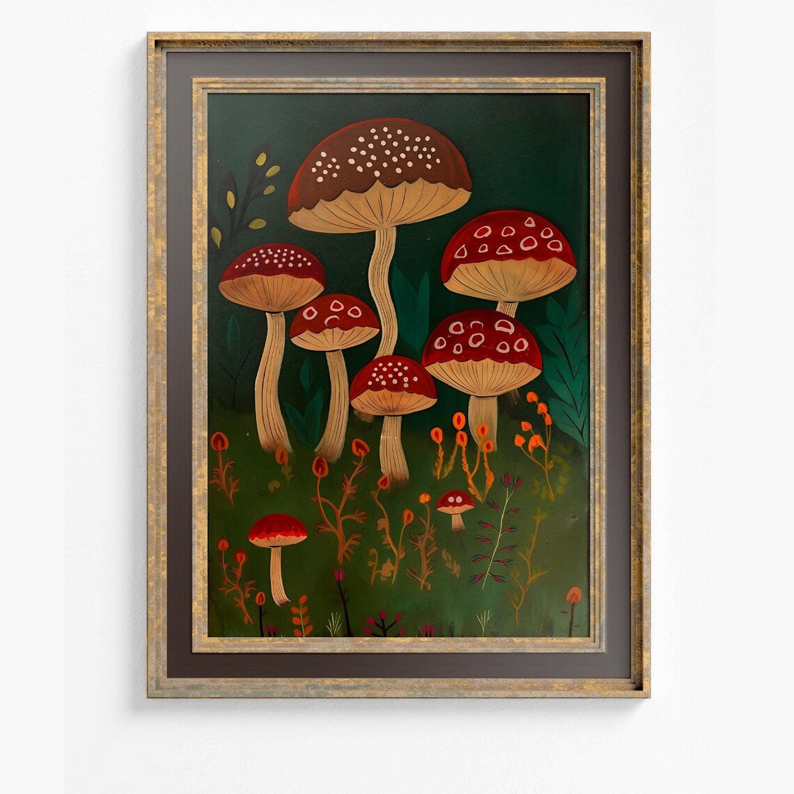 Cute Red Mushrooms, Folk Art Vintage Illustration
