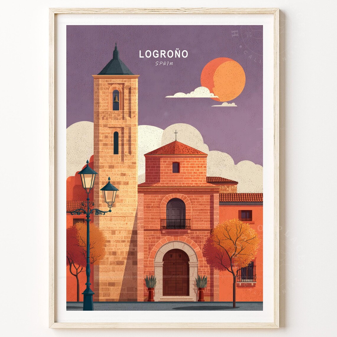 Logrono Spain Old Church Bell Tower Dusk Street Scene Poster