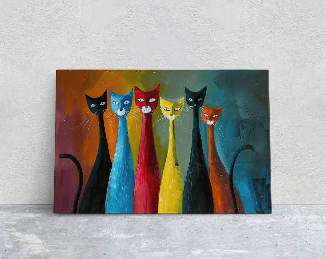 Six Colorful Cats Abstract Orange Teal Gradient Background Art Poster
