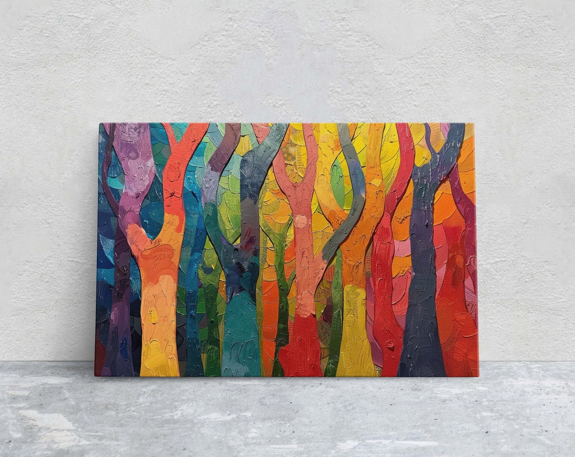 Rainbow Abstract Tree Trunks Impasto Texture Colorful Forest Art Print