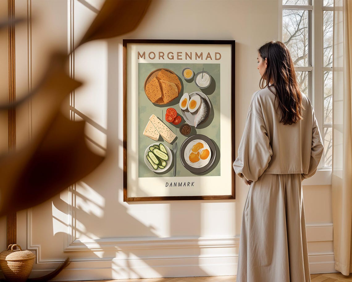 Danish Morgenmad Breakfast Retro Food Illustration Kitchen Poster