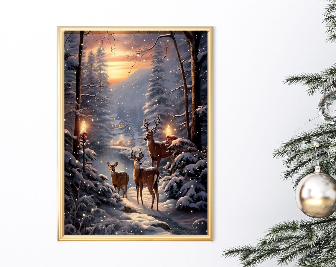 Deer Family Snowy Forest Sunset Winter Woodland Holiday Poster - Image 8