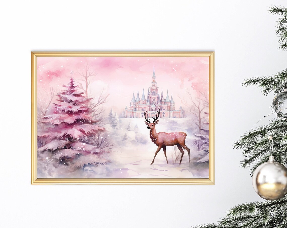 Pink Christmas Reindeer Castle Watercolor Dreamy Holiday Art Print