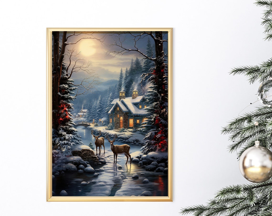 Two Deer Moonlit Stream Cozy Cabin Snowy Forest Night Poster - Image 8