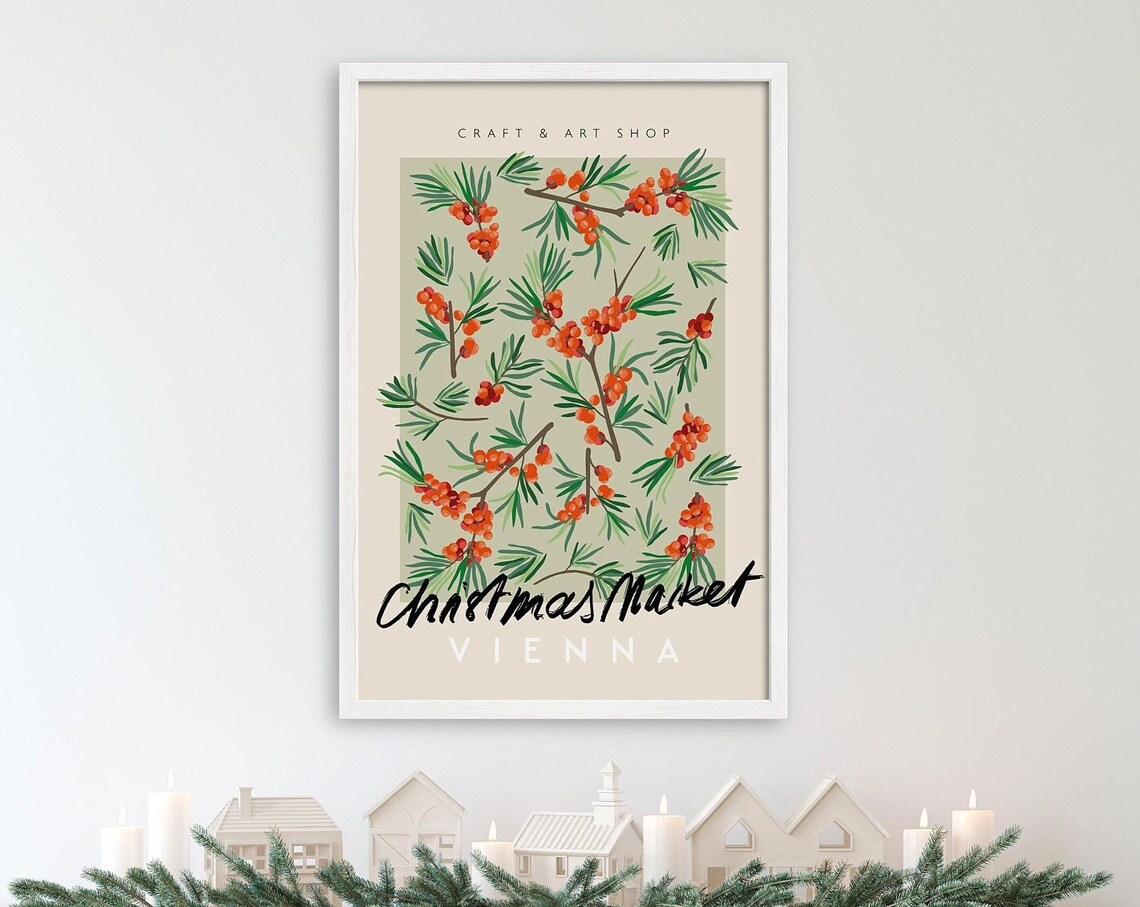 Vienna Christmas Market Orange Berry Branches Botanical Travel Poster