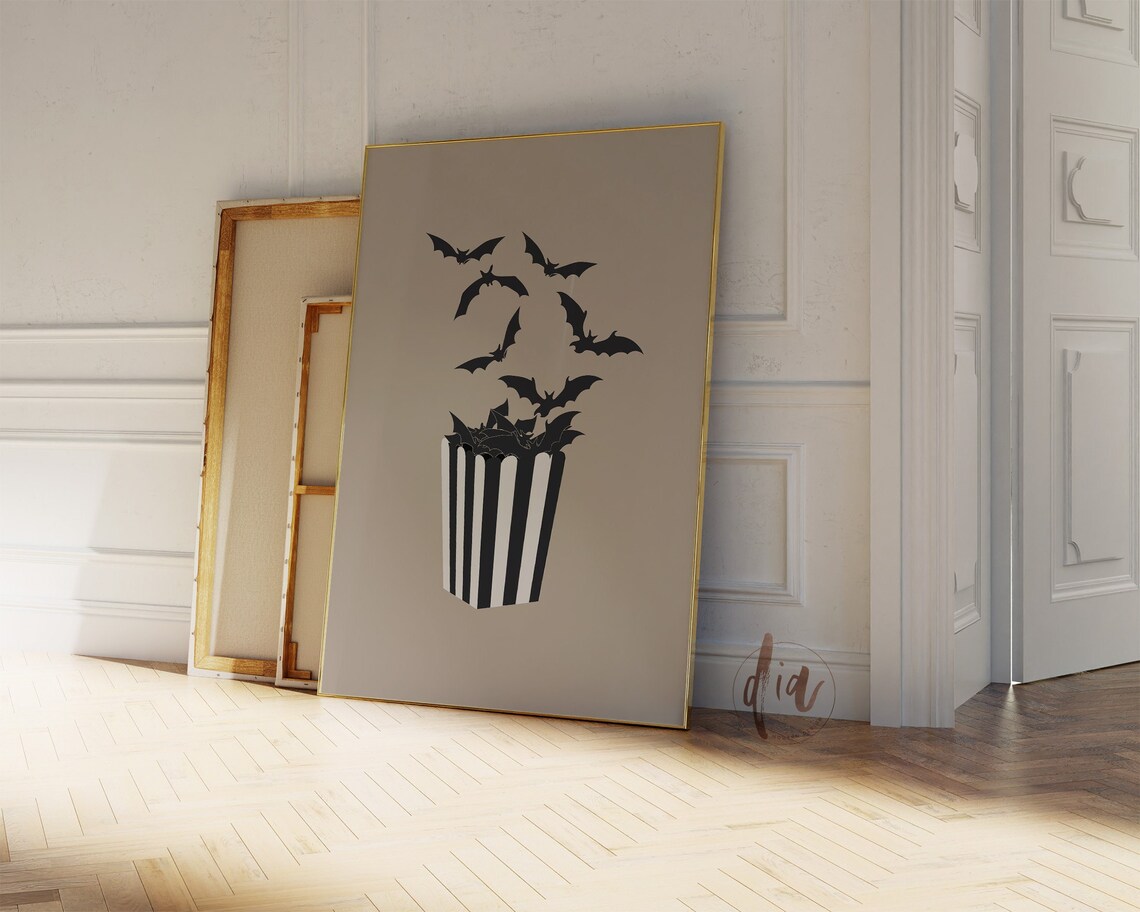 Spooky Halloween Bats Flying Out Of Striped Popcorn Bucket Poster