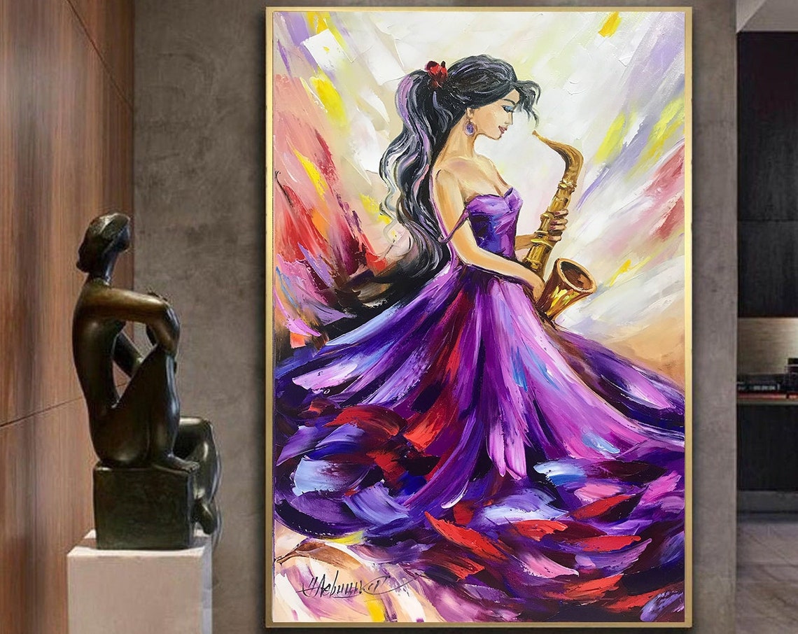Large Woman In Purple Dress Painting On Abstract Woman Saxophone Wall Art Girl Music Oil Painting Original Abstract Jazz Wall Artwork