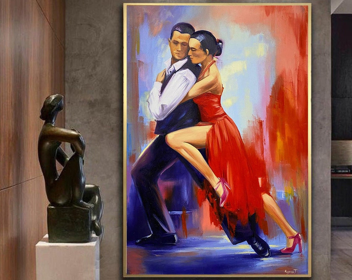 Tango Dancing Couple Red Dress Passionate Romantic Dance Art Poster