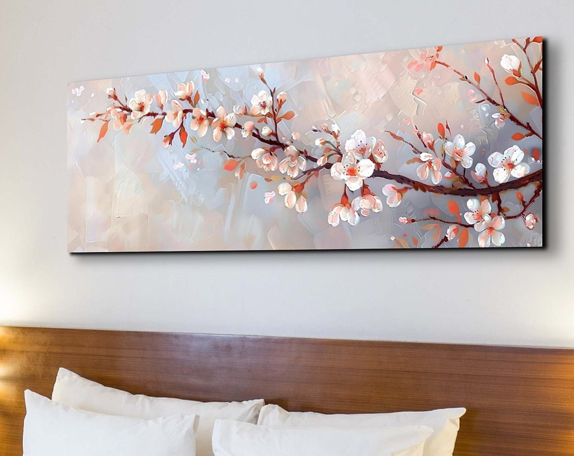 White Cherry Blossom Branch Beige Oil Painting Panoramic Art Poster