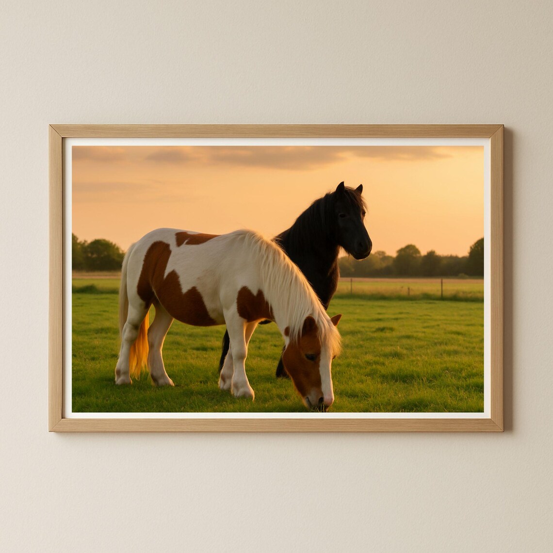 Two Horses Grazing in a Meadow at Sunset Rural Photography Poster