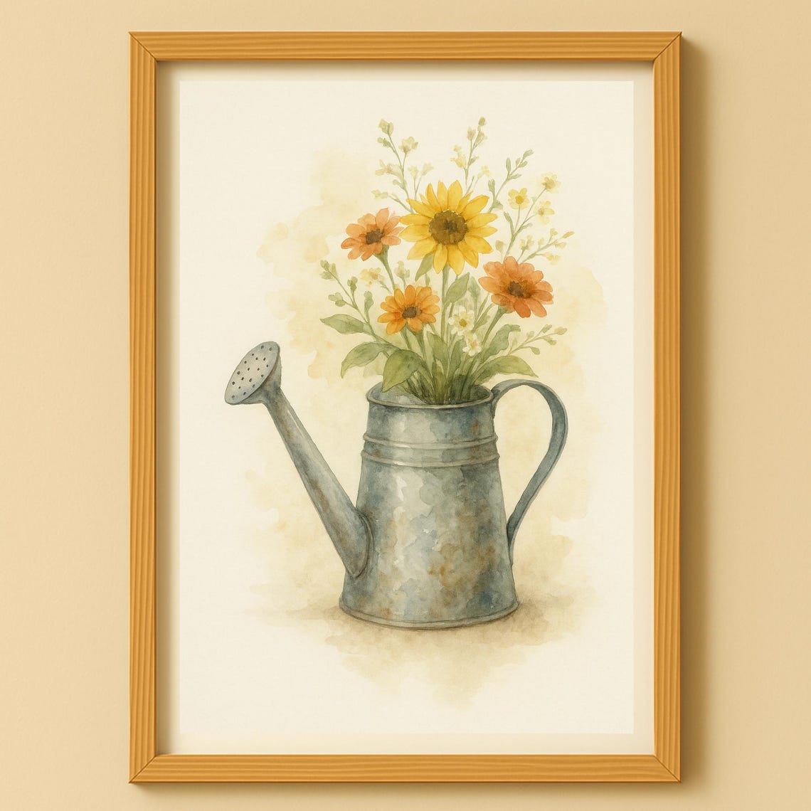 Rustic Watering Can with Sunflowers Vintage Botanical Art Poster