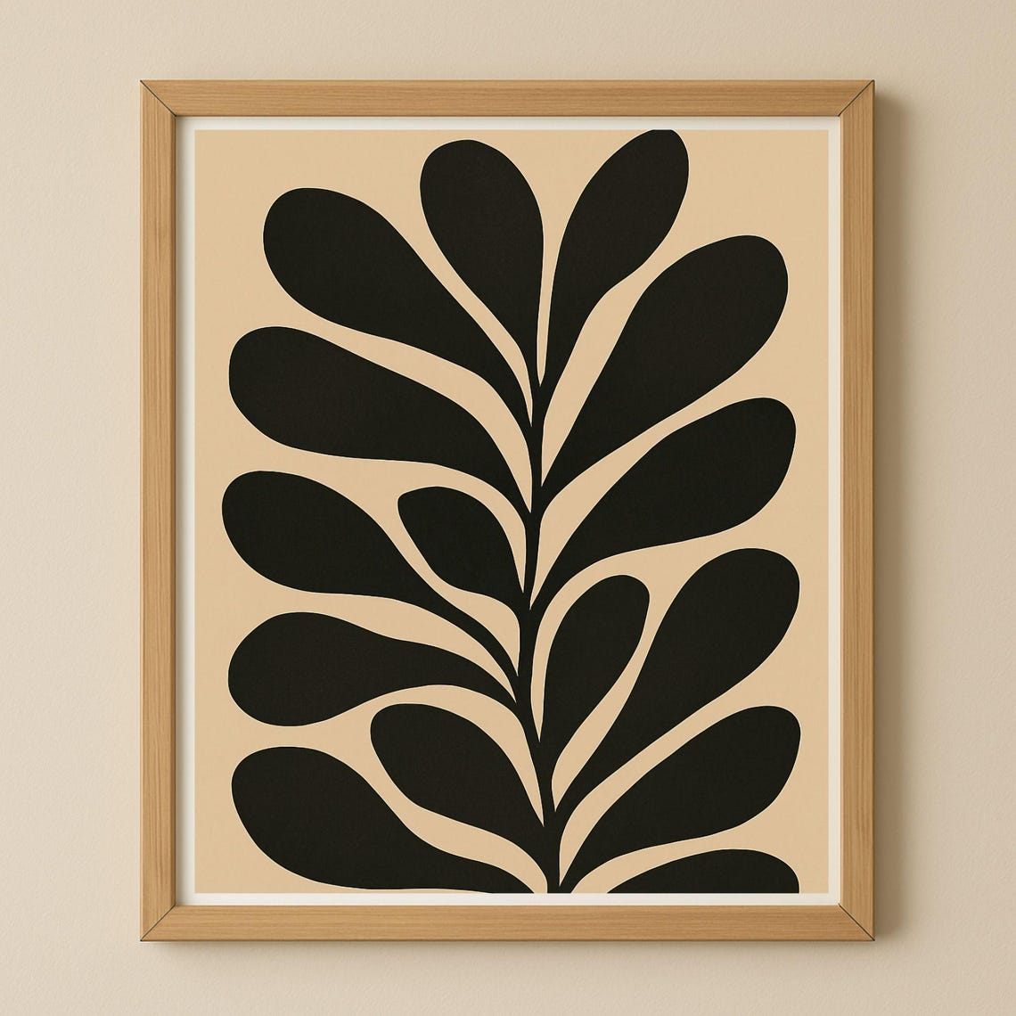 Abstract Black Leaf Silhouette on Beige Minimalist Botanical Poster