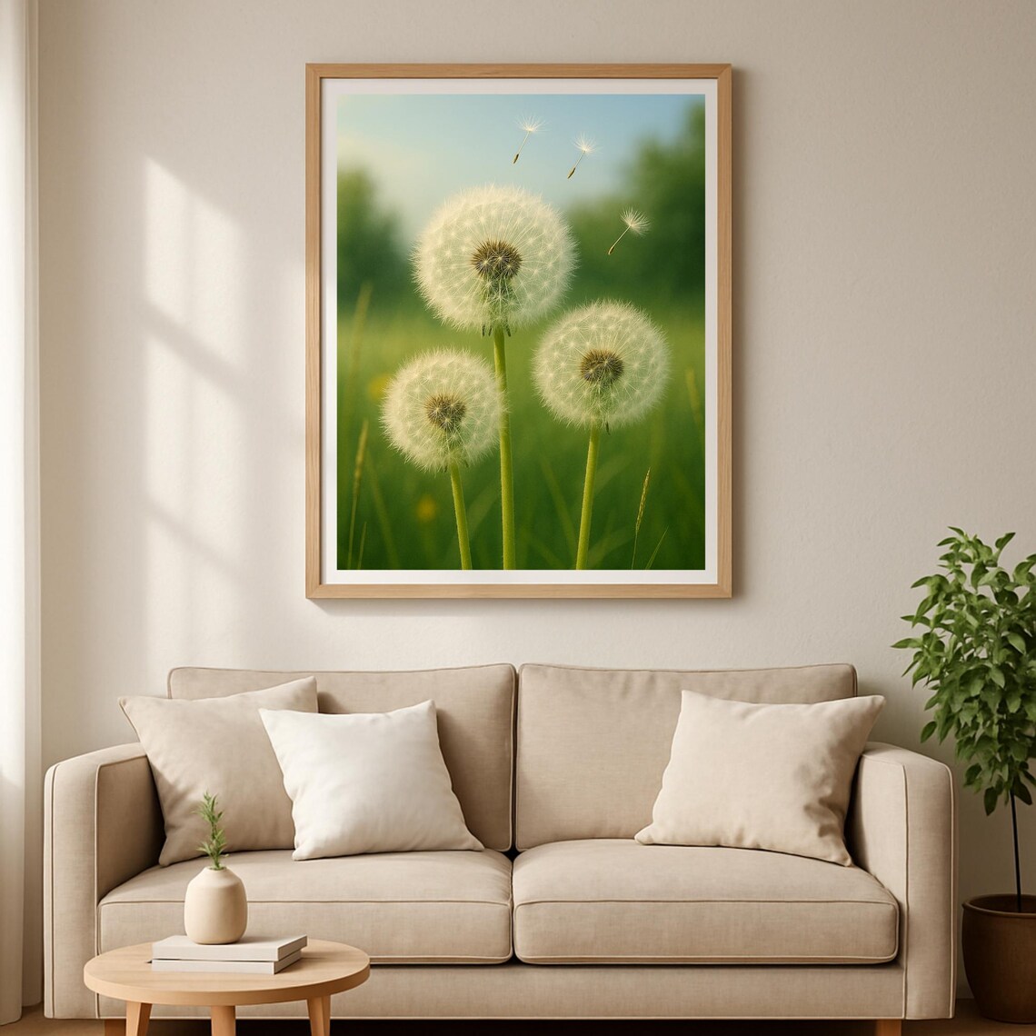 Dandelion Seed Heads Floating In Green Meadow Nature Photo Poster