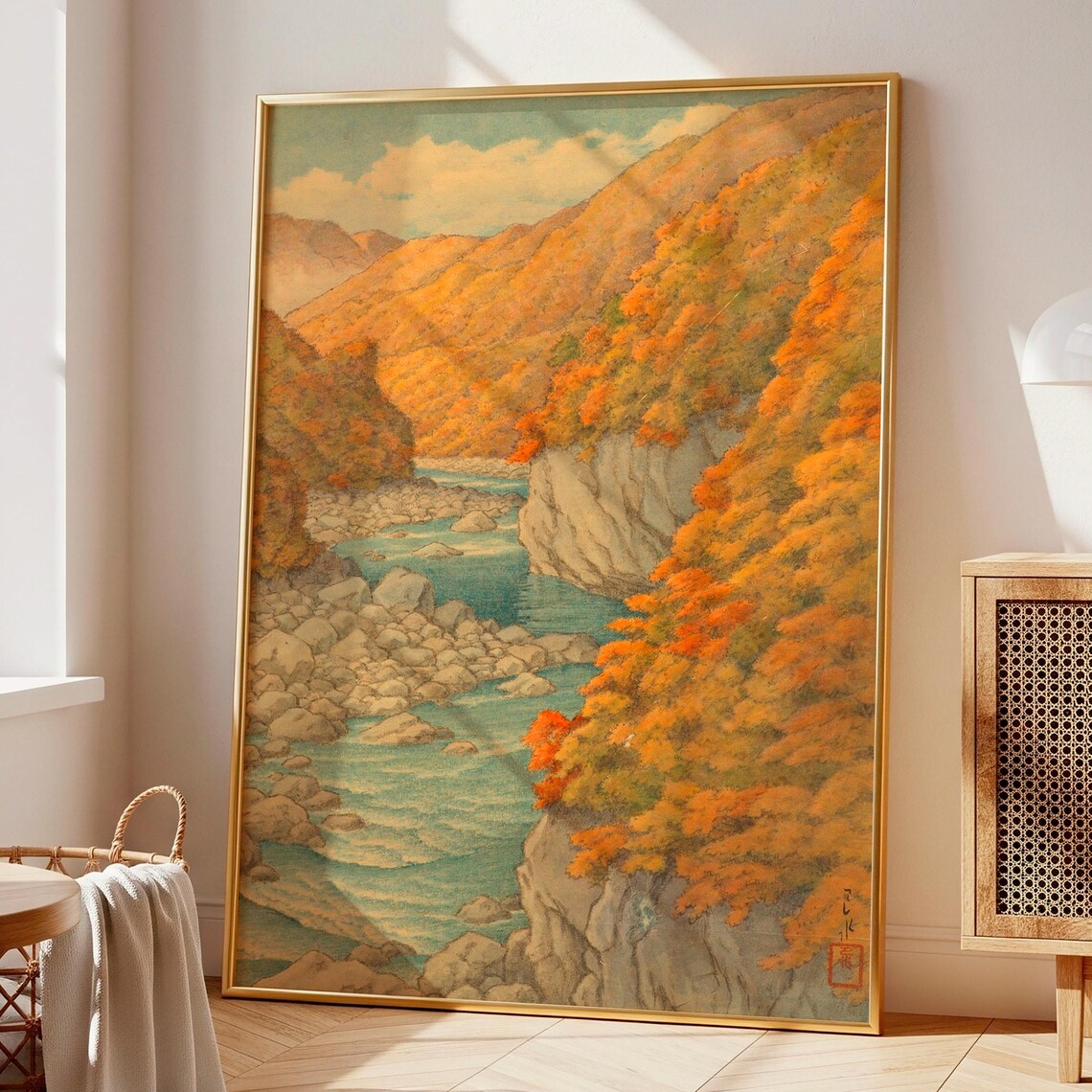 Japanese Autumn Valley River Woodblock Style Fall Foliage Landscape Poster