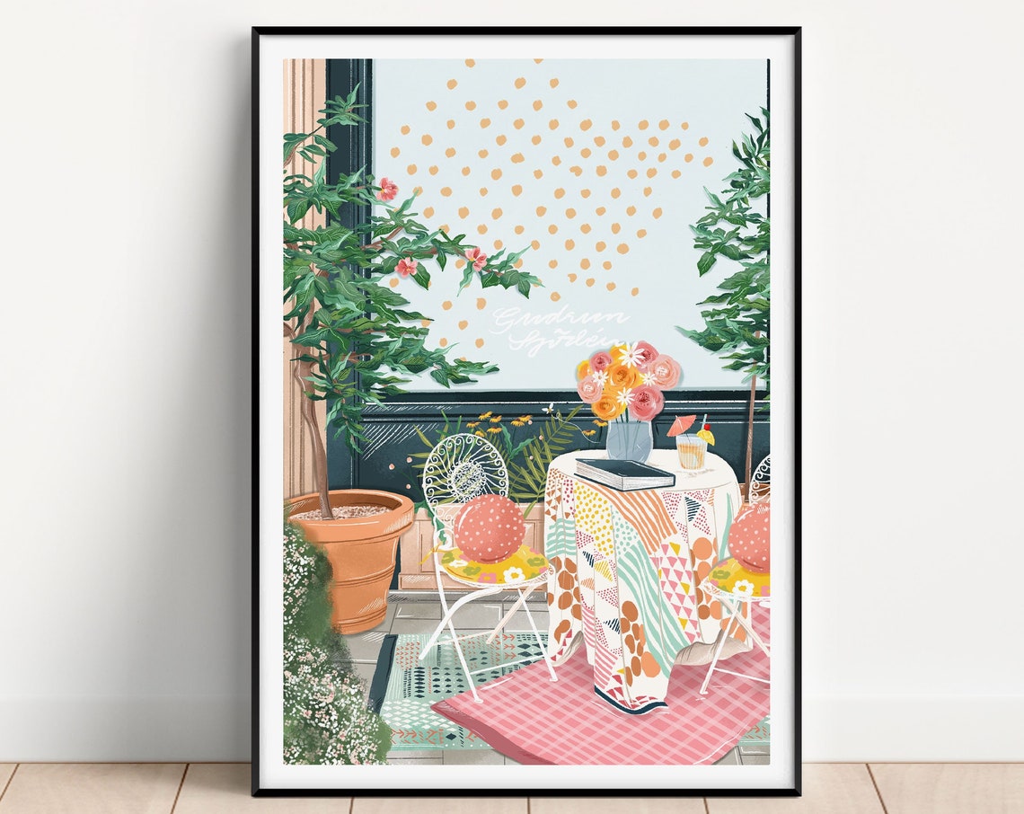 Summer Cafe Terrace Charming Patio Illustration Floral Art Poster