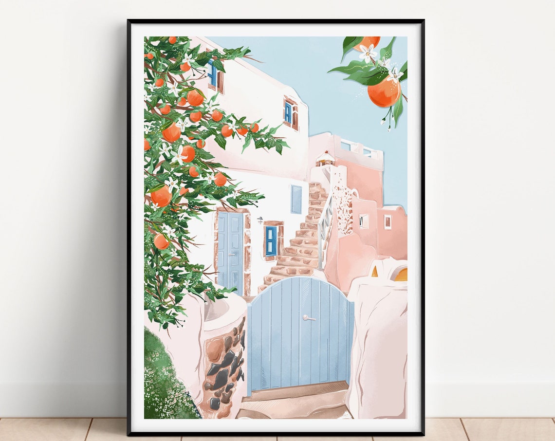 Greek Island Cottage Blue Door Orange Tree Garden Art Poster