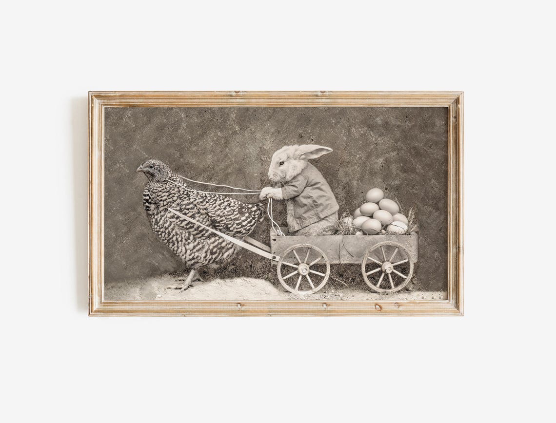 Rabbit Cart Pulled by Hen with Eggs Sepia Whimsical Vintage Wall Art - Image 3