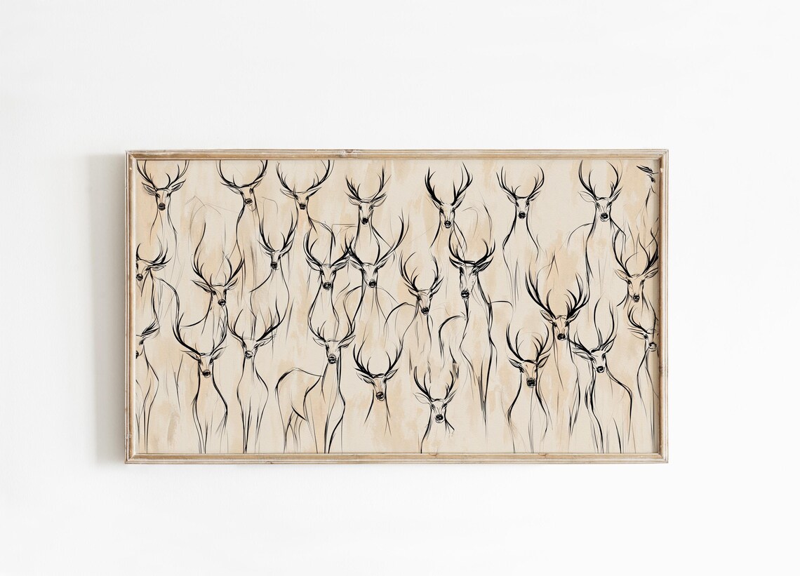 Frame TV Art Reindeer Deer Heads Line Sketch Beige Winter Poster - Image 2