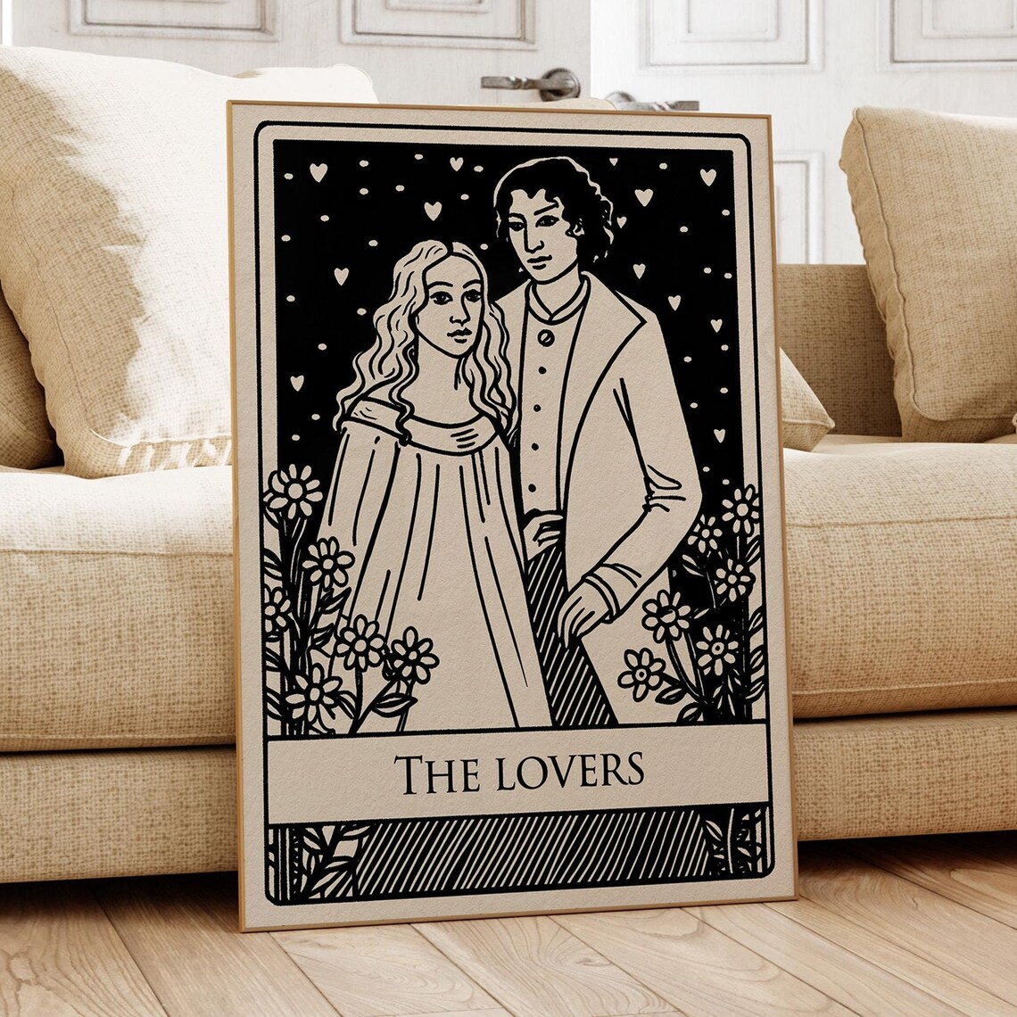 The Lovers Tarot Card Art Print Boho Occult Couple Black and White