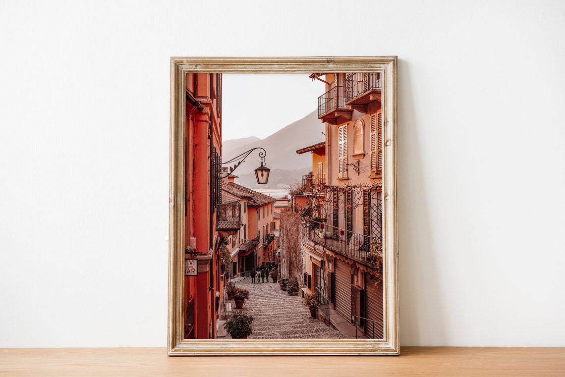 Lake Como Italy Red Buildings Cobbled Lane Mountain View Wall Print - Image 3