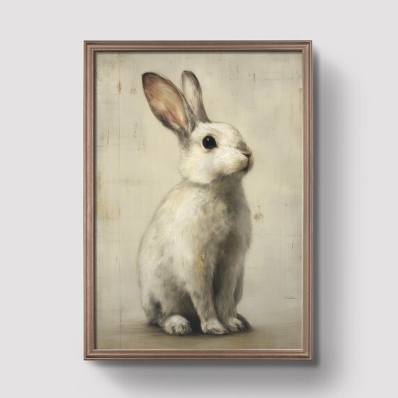 Vintage White Bunny With Soft Neutral Background Prints