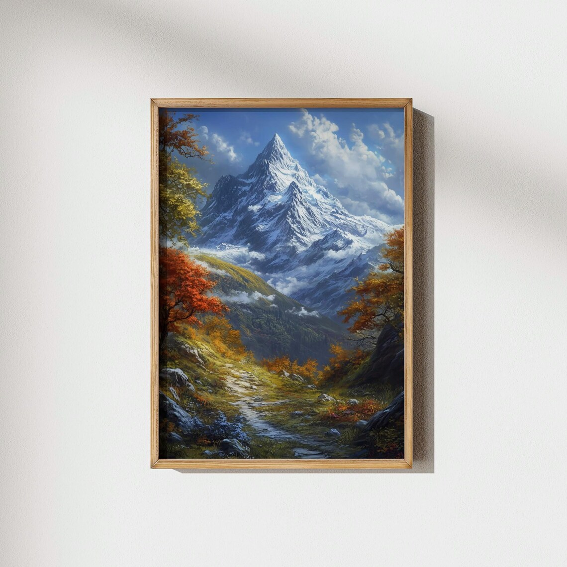 Snowy Mountain Peak Autumn Forest Trail Landscape Painting Poster