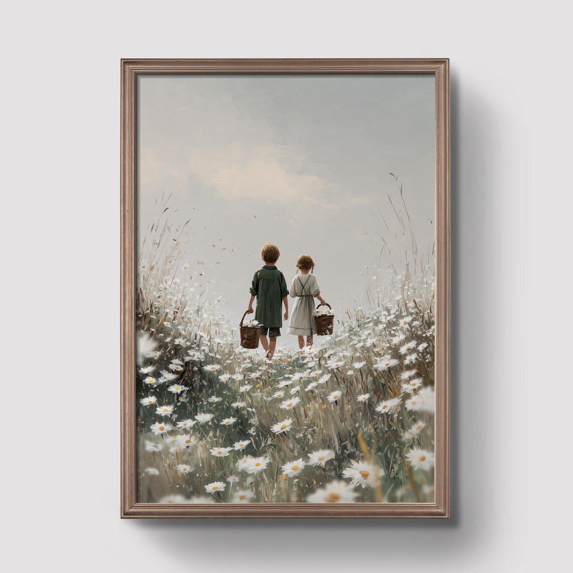 Children Walking Through Wildflower Field Painting Art Print