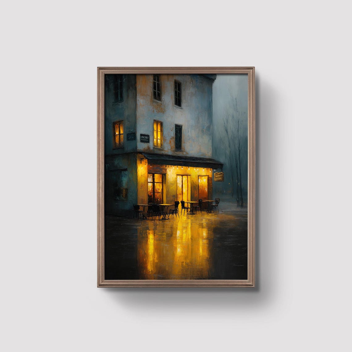 European Cafe Rainy Night Warm Glow Cozy Oil Painting Poster