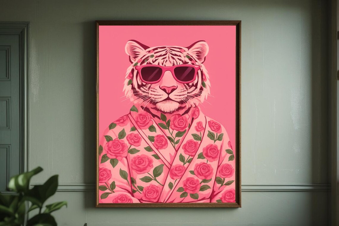 Fashion Tiger in Pink Floral Robe Sunglasses Playful Portrait Poster