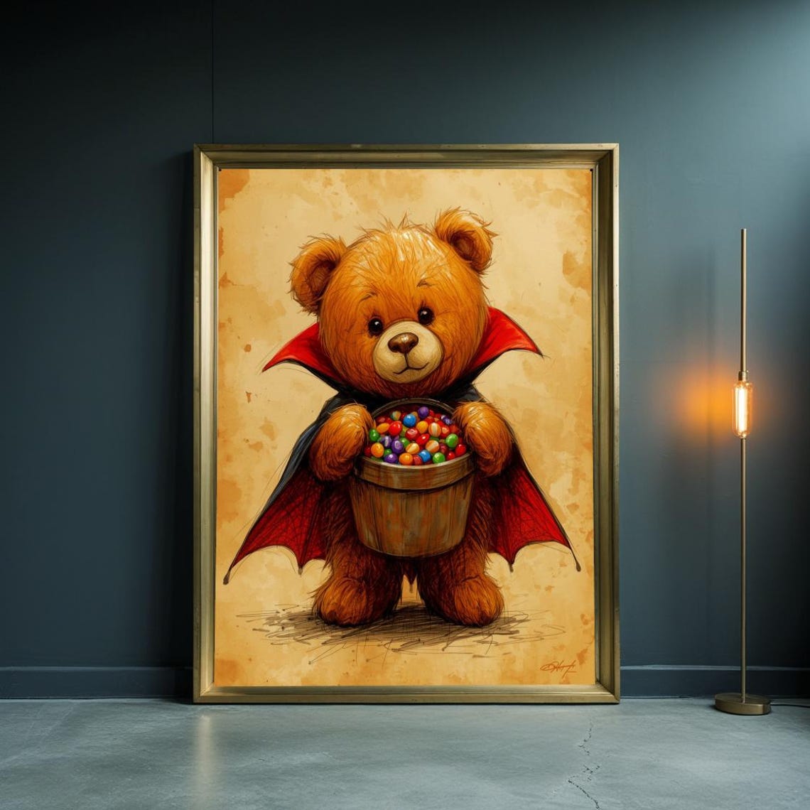 Vampire Teddy Bear Halloween Candy Bucket Cute Watercolor Poster