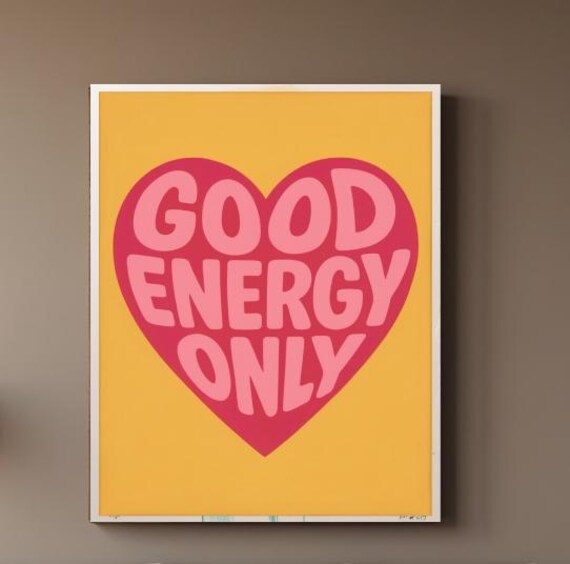 Good Energy Only Bold Retro Heart Typography Yellow Wall Poster