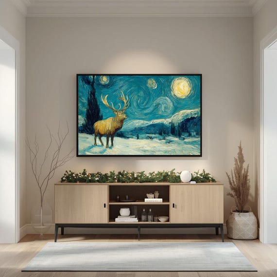 Majestic Elk Under Starry Night Swirling Sky Winter Landscape Poster