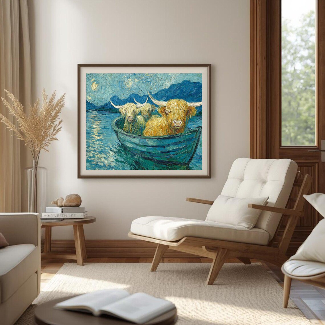 Highland Cows in Rowboat Starry Night Lake Fun Animal Art Poster