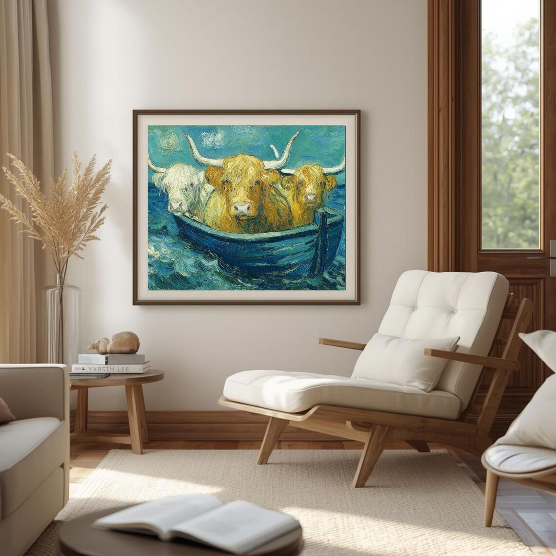 Highland Cows In A Boat Whimsical Blue Sea Van Gogh Style Poster
