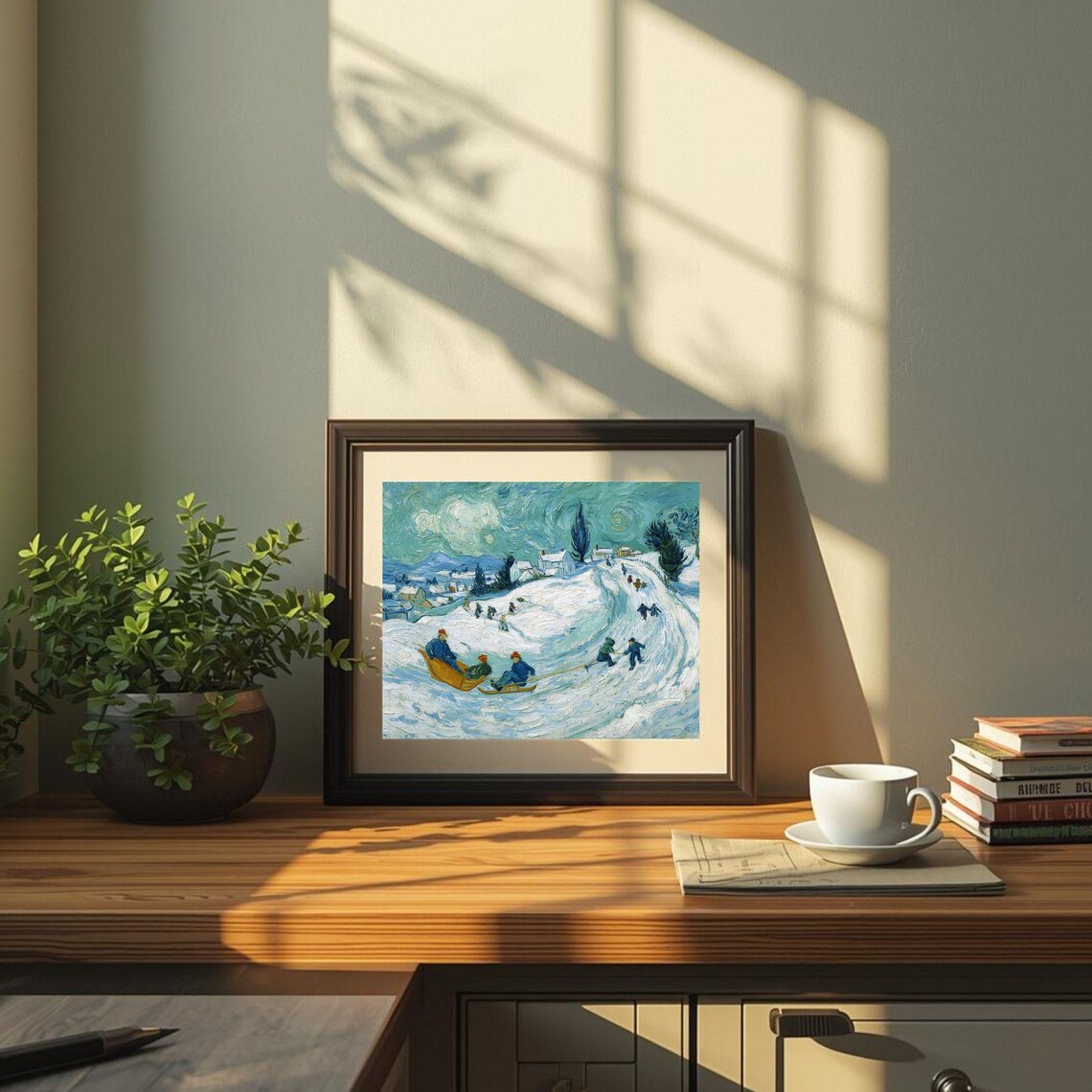 Winter Wonderland Sledding Art Print Vintage Festive Scene