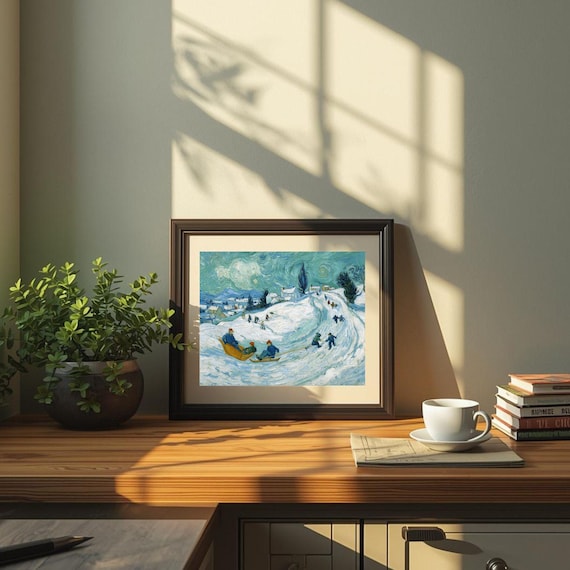 Winter Sledding Snowy Hillside Children Festive Oil Style Art Print